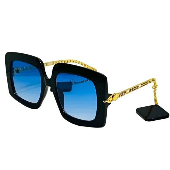 6092 | Black/Gold/Blue Lens Ladies Sunglasses with Dangling Accents - Picture 2 of 5